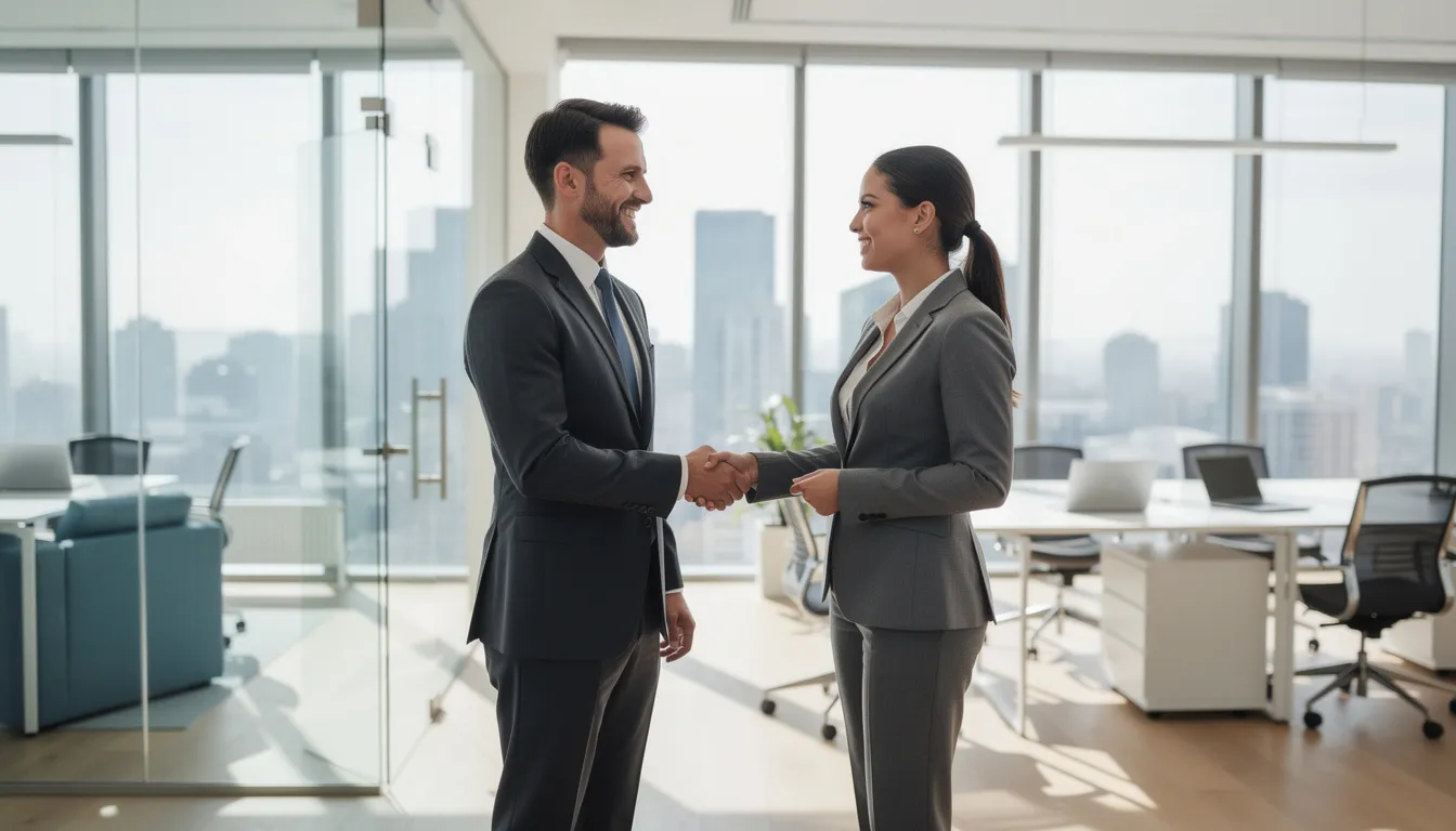 The image depicts two business professionals in a modern office setting, engaged in a handshake that symbolizes a successful financial transaction or partnership. This moment reflects the importance of customer satisfaction and efficient payment processes in today's business landscape.