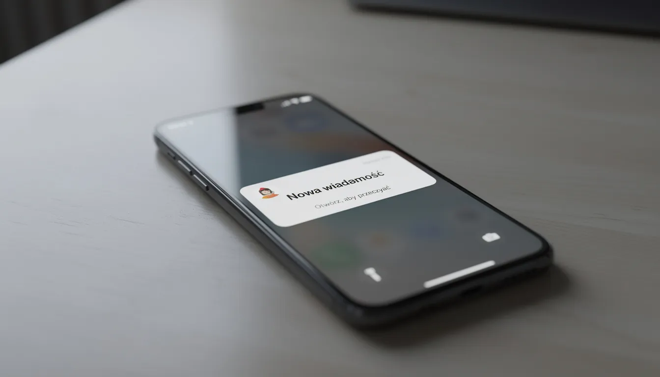 Na obrazku znajduje się smartfon z wyraźnym powiadomieniem o nowej wiadomości na ekranie, co sugeruje, że sprzedający otrzymał informacje dotyczące sprzedaży przedmiotu na platformie OLX. W kontekście oszustw internetowych, może to być sygnał, że potencjalny nabywca próbuje skontaktować się w celu uzyskania dodatkowych informacji lub przesłania linku do fałszywej strony.