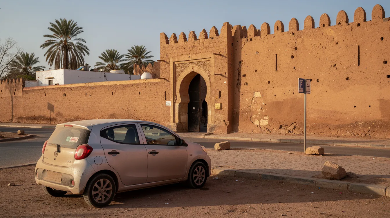 Een kleine huurauto staat geparkeerd naast een traditionele Marokkaanse stadsmuur met een poort, omringd door historische architectuur. Dit beeld weerspiegelt de perfecte omgeving om een auto te huren in Fez, Marokko, en biedt de mogelijkheid om de oude stad en andere locaties te verkennen.