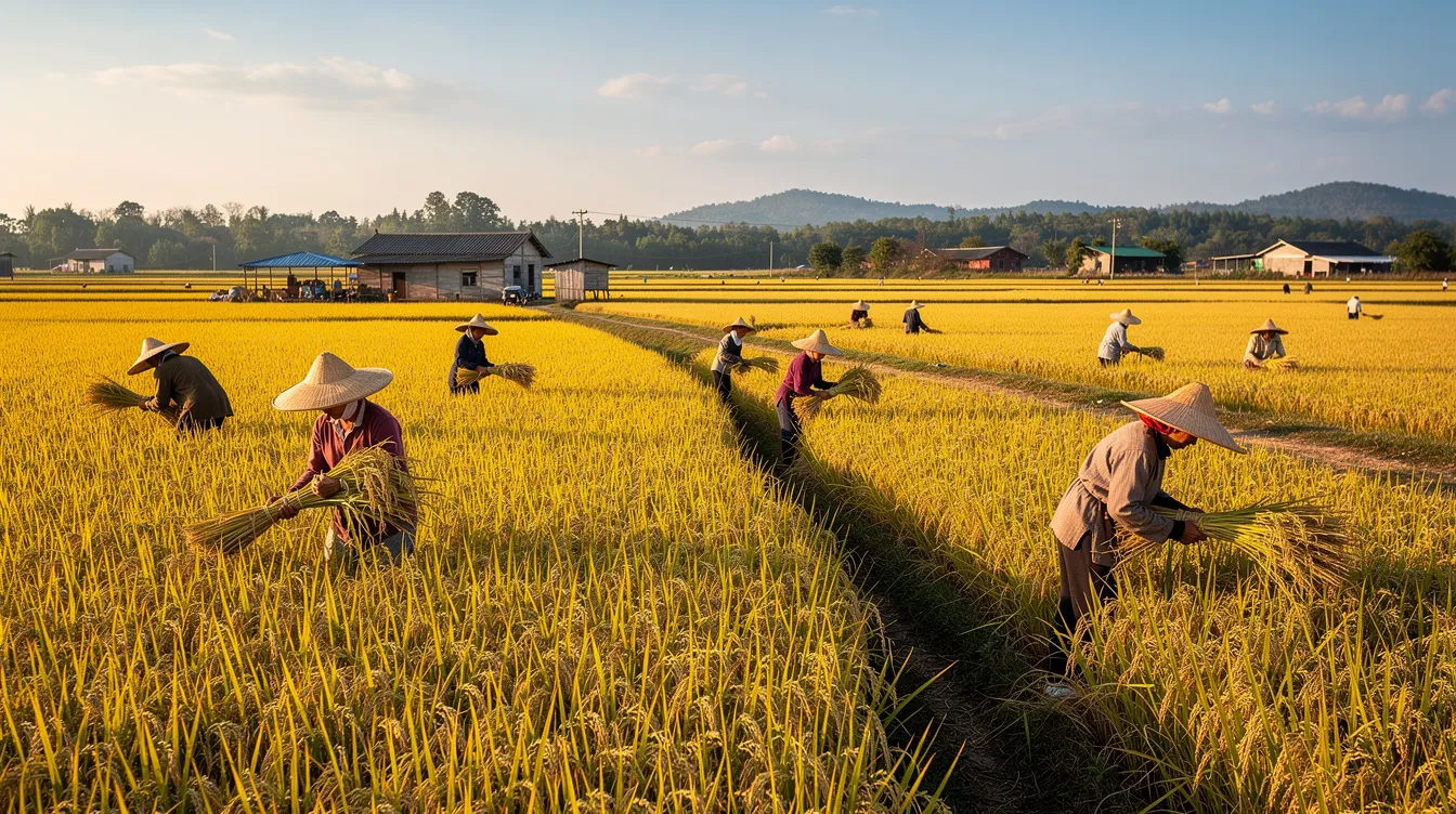 465f220d 87bf 4436 a690 f390035c1e46 The image depicts a vibrant golden paddy field during harvest season, with workers gathering rice crops against a picturesque rural landscape. This scene highlights the agricultural industry's importance, which could relate to a rice mill project focused on enhancing production capacity and operational efficiency.