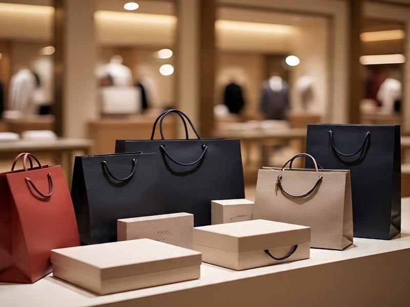 ChatGPT said:  A picture of several luxury shopping bags and gift boxes arranged on a store counter. The bags are in black, beige, and red colors, and the boxes are light-colored.