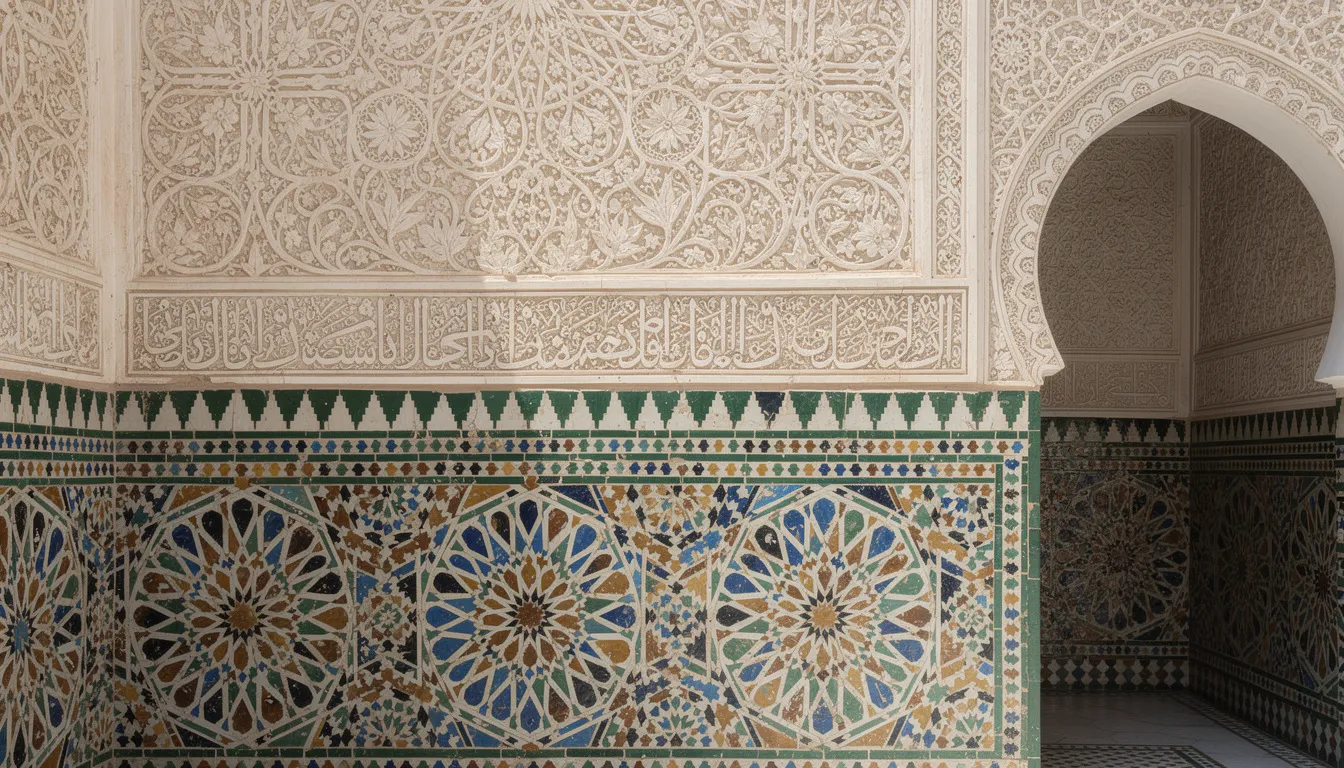The image showcases intricate Islamic geometric tilework and beautifully carved plaster, exemplifying the incredible architecture of traditional Moroccan structures, such as those found in the Bahia Palace and the Ben Youssef Madrasa. This stunning artistry reflects the rich Moroccan culture and history, making Marrakech an unforgettable destination for visitors exploring the medina and its UNESCO World Heritage sites.