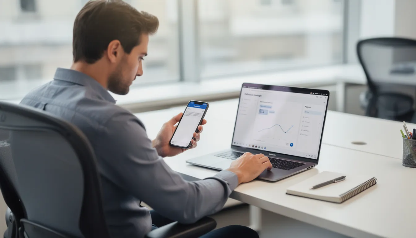 Une personne est assise à un bureau, consultant simultanément son smartphone et son ordinateur portable, illustrant l'importance des bonnes pratiques en matière de cybersécurité pour protéger ses données sensibles contre les cybermenaces. L'environnement de travail montre des équipements modernes, soulignant l'enjeu de la sécurité numérique dans le quotidien professionnel.
