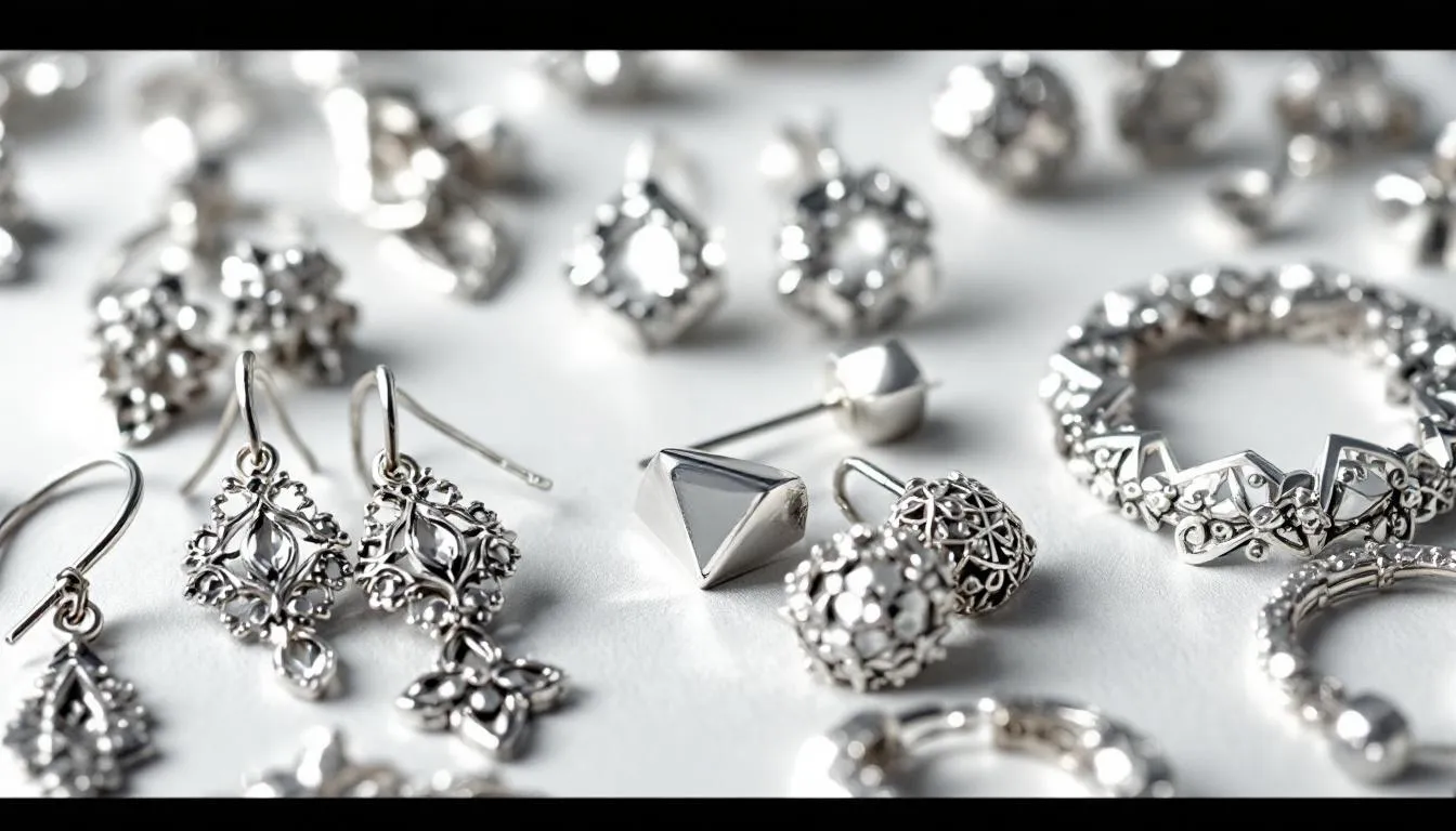 This image showcases a beautiful range of sterling silver earrings, featuring designs from classic stud earrings to contemporary silver hoop earrings and elegant drop earrings. Each pair is crafted with intricate details, offering a stylish touch suitable for both everyday looks and special occasions.