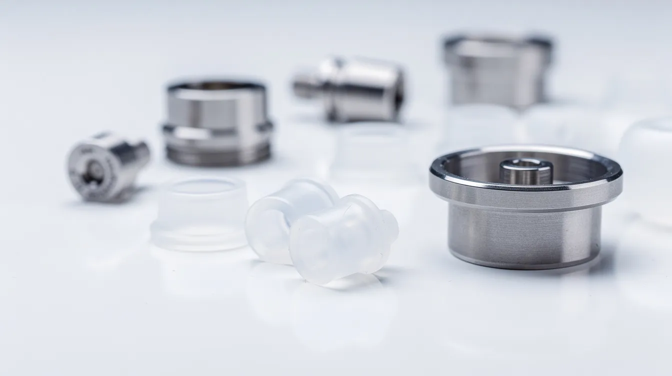 The image features a close-up view of precision metal components alongside silicone materials, meticulously arranged on a clean surface, highlighting the medical-grade craftsmanship associated with penis extenders and sex toys. This composition suggests a focus on enhancing pleasure and addressing concerns like erectile dysfunction through high-quality design.