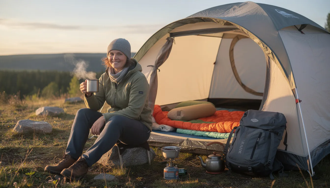 A person is sitting outside a tent, enjoying a warm cup of coffee in the morning light, with a cozy sleeping bag and other camping gear visible in the background, creating a serene outdoor experience. The scene captures the perfect moment of relaxation in nature, ideal for those who love camping.