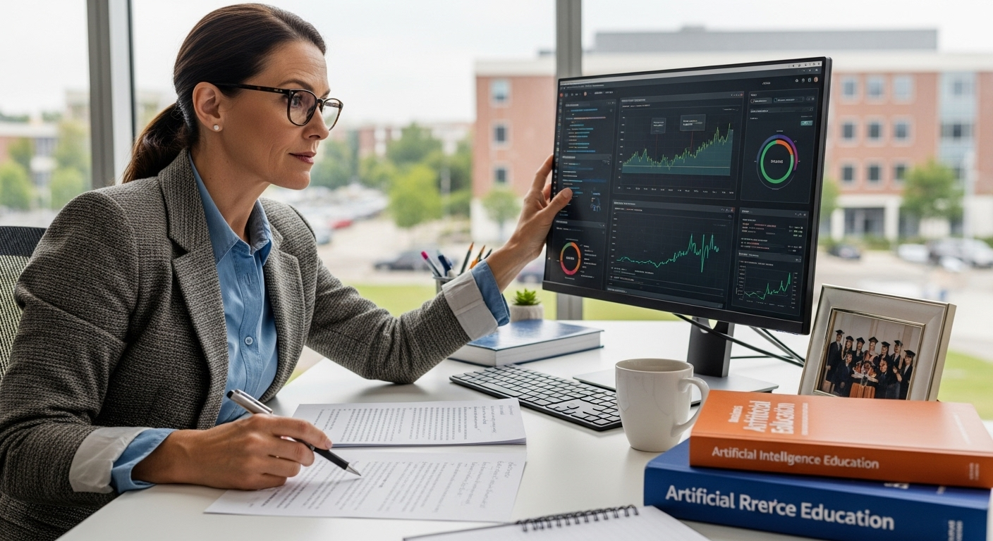 Academic professional supervising AI grading outputs to ensure fairness and integrity.