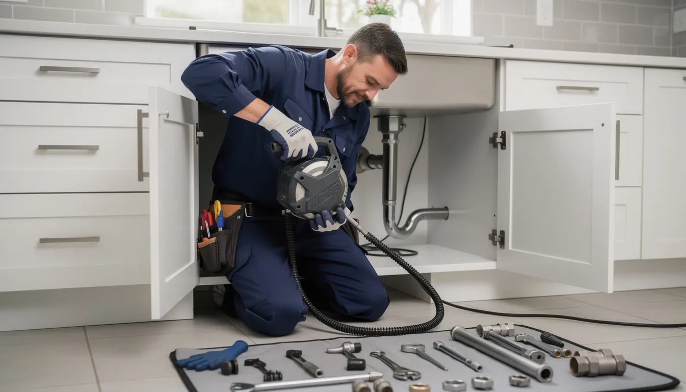 A professional plumber is using specialized equipment to clear a clogged kitchen drain, effectively restoring proper flow in the plumbing system. The technician is focused on removing stubborn buildup caused by food debris and grease to ensure the drain functions properly.