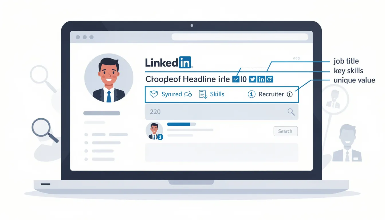 The image depicts a well-structured LinkedIn profile page, highlighting the importance of a keyword-rich headline that includes the job title, relevant skills, and personal brand. It emphasizes how this optimization can enhance visibility in search results and attract potential employers within the professional network.