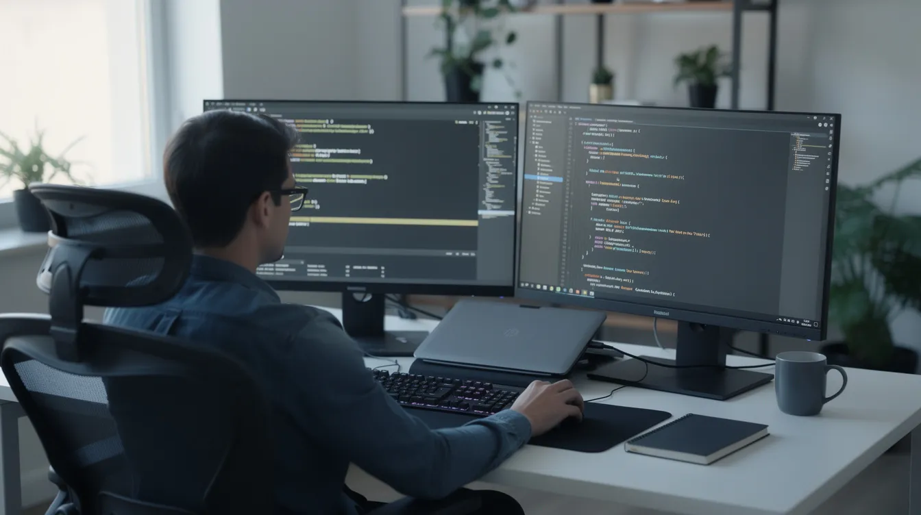 The image shows a person seated at a desk, intently comparing two coding tools side by side on dual monitors, with visible lines of code displayed on both screens. The setup highlights a code review process, showcasing the features of each tool, possibly including elements of "claude code vs cursor" or other AI coding tools.