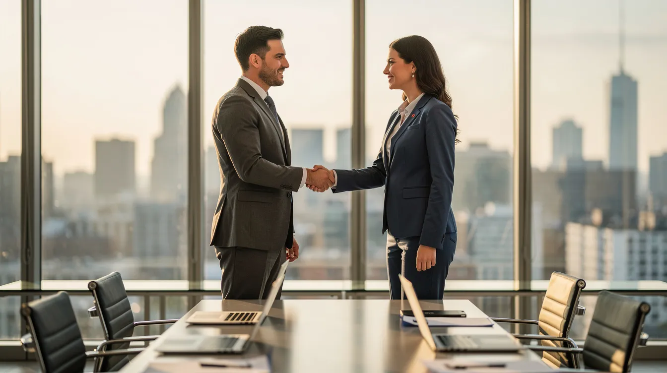 In an office setting, two business professionals are shaking hands, symbolizing a successful agreement or partnership. This moment reflects the valuation process, where understanding a company's financial standing and future cash flows is crucial for making informed investment decisions.