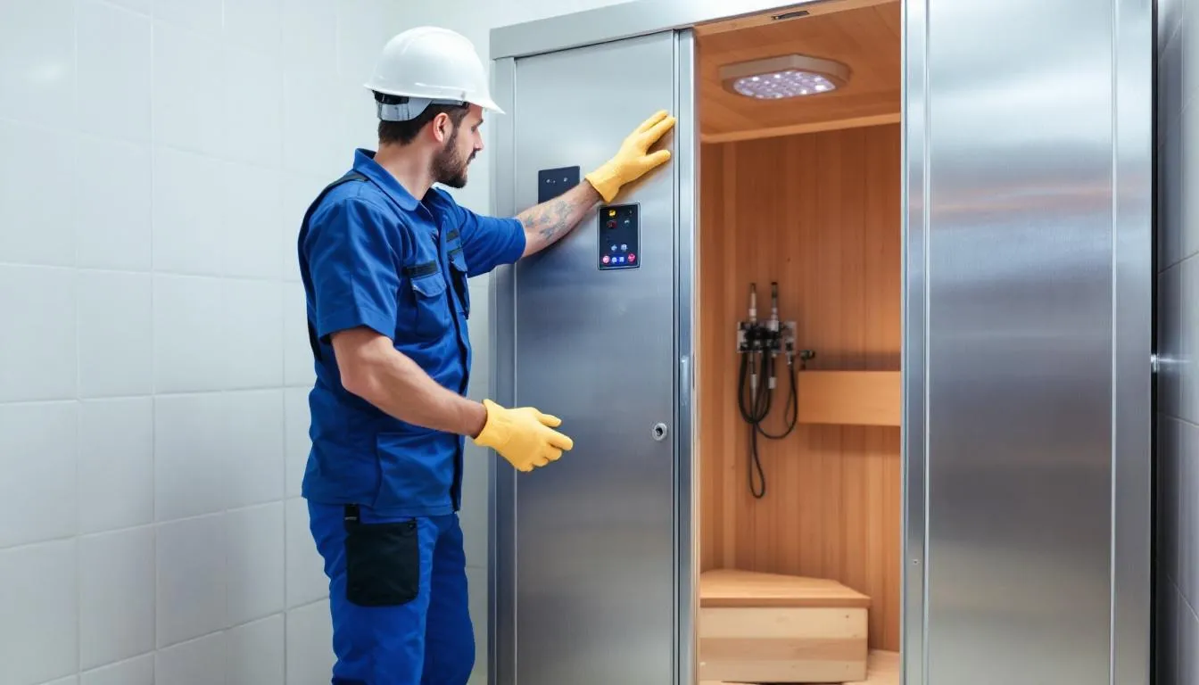 The image depicts a licensed electrician performing maintenance on an electric sauna heater, ensuring that the sauna room's electrical requirements are met for optimal safety and performance. The electrician checks the control panel and wiring to prevent potential risks and ensure an enjoyable sauna experience.