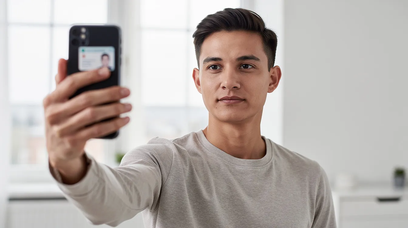 A person is taking a selfie with a smartphone in a bright room, likely for identity verification purposes related to their bank account, such as opening a Roshan digital account or confirming their identity for online banking. The image captures the individual focused on the phone, emphasizing the importance of digital access for overseas Pakistanis.