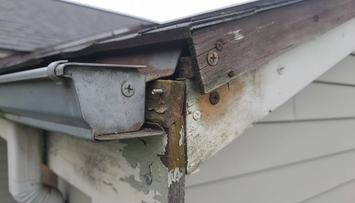 The image shows a close-up view of damaged, sagging gutters that are pulling away from a home's fascia board, indicating potential water damage and the need for professional gutter services. This highlights the importance of efficient gutter installation and maintenance to protect the property from further issues.