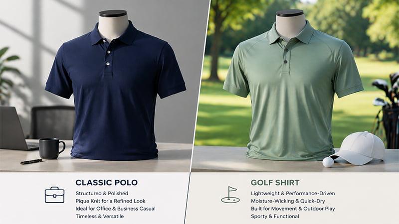 The image shows a close-up comparison of textured piqué fabric weave on one side and smooth jersey fabric on the other, highlighting the distinct surface textures that are commonly used in polo shirt fabrics. This visual contrast emphasizes the unique qualities of different types of polo shirts, such as classic fit polos and performance polos, suitable for various casual and business casual settings.