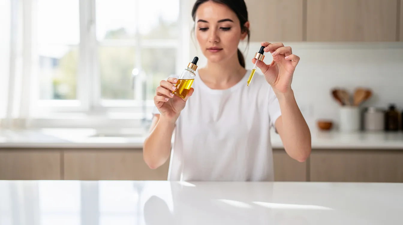 A person is closely examining a small glass dropper bottle filled with golden oil in a bright and clean kitchen, suggesting an interest in hemp-derived products or cannabis oils. This scene may relate to discussions about the legality of delta 8 THC and other hemp-derived cannabinoids under Mississippi state law.