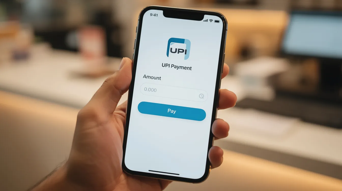 The image shows a smartphone with a mobile wallet payment screen prominently featuring the UPI logo, indicating a seamless digital transaction experience. This setup is ideal for users looking to make deposits on betting sites or online casinos, enhancing their betting experience with exciting promotions and welcome bonuses.