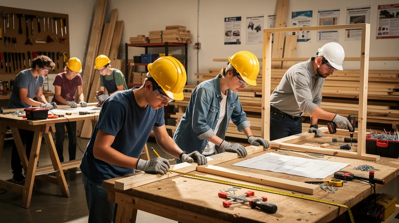 High school students are actively engaged in a workshop, learning hands-on construction skills using various tools and building materials. This environment fosters professional development for future skilled workers in the construction industry, preparing them for potential careers in construction management and skilled trades.