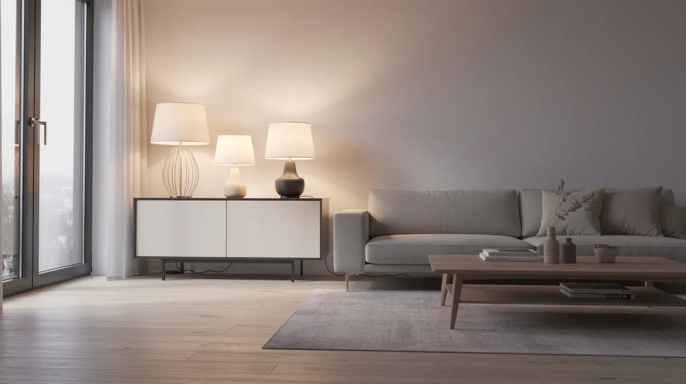 Tre snygga bordslampor i olika höjder står placerade i ett modernt vardagsrum, intill en stilren soffa. Lamporna, som är designade i olika material och färger, skapar en varm och inbjudande stämning i rummet.