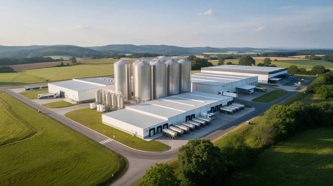 46775eff 4926 456f a3f7 03f5c3e04f6b An aerial view of a large dairy processing facility showcases stainless steel storage tanks and industrial buildings nestled in a vibrant green landscape, highlighting the scale of the milk powder production plant. This facility is integral to the dairy processing industry, emphasizing its role in the production of high-quality milk products.