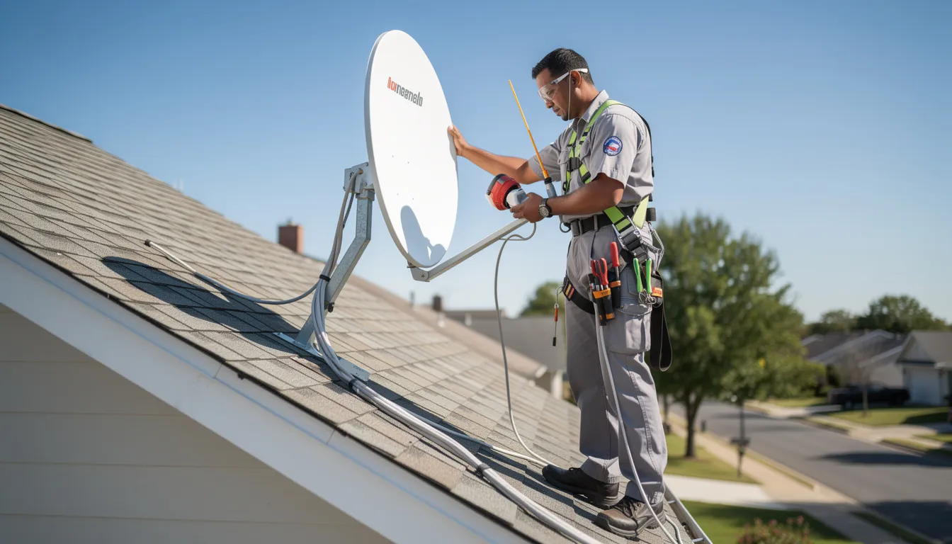 The image shows a professional technician performing a satellite dish installation on a suburban rooftop under a clear blue sky. This scene highlights the skilled work of accredited DSTV installers, ensuring optimal reception for home entertainment systems.