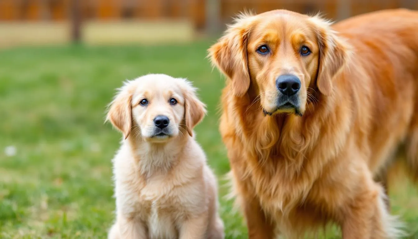 A golden retriever puppy stands next to an adult golden retriever, highlighting the age differences between the two, with the puppy displaying a playful demeanor and the adult exhibiting a calm, mature presence. This image serves as a reminder of the life stages of dogs, which can be impacted by conditions like progressive retinal atrophy, leading to vision loss in affected dogs.