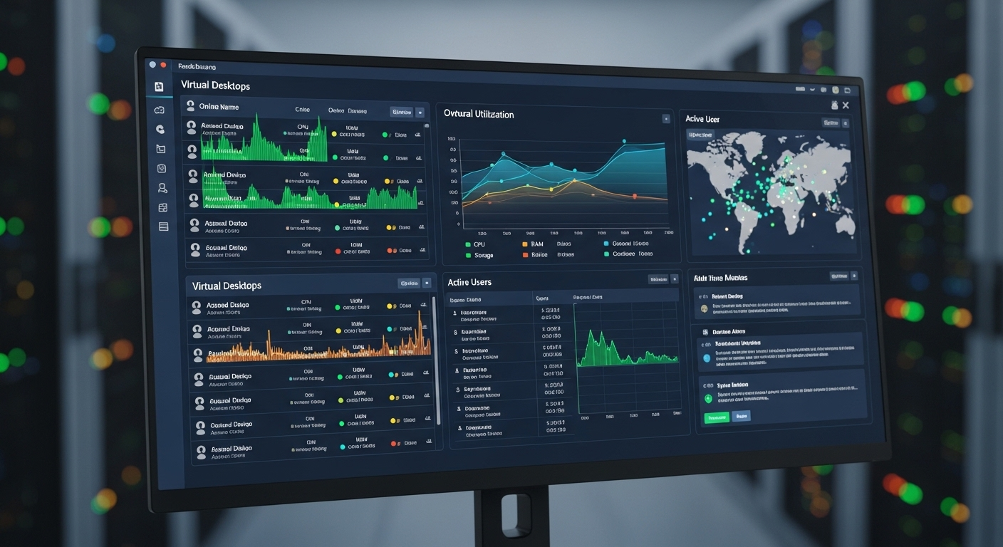 Centralized IT dashboard managing multiple virtual desktops across users in real time from a single server.