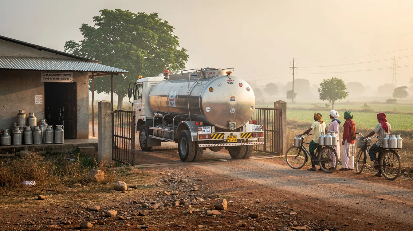 A refrigerated milk tanker arrives at a dairy collection centre in rural India, ready to deliver fresh raw milk for processing. This scene highlights the crucial role of milk procurement in the dairy industry, ensuring quality control and supporting local dairy processing plants.