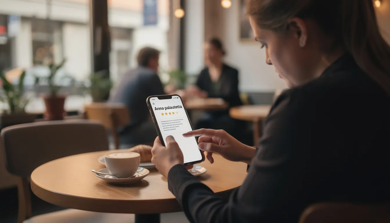 Kuvassa henkilö antaa palautetta älypuhelimellaan kahvilassa, mikä voi auttaa yrityksiä parantamaan asiakaskokemusta ja asiakastyytyväisyyttä. Älypuhelin on kädessään, ja hän näyttää keskittyvän kyselyyn, joka voi sisältää erilaisia kysymyksiä asiakastyytyväisyydestä.