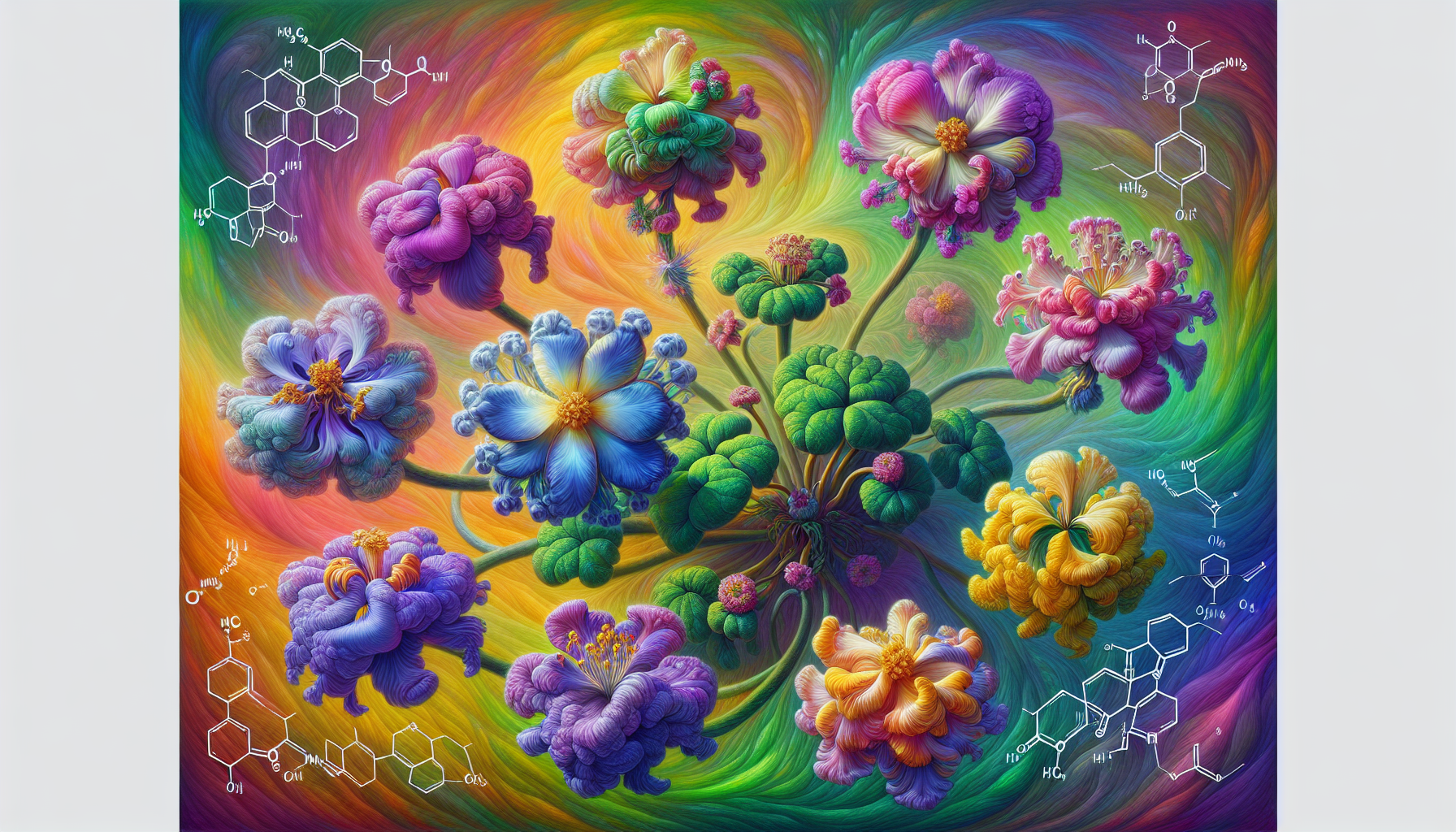 An illustration of 10 oh hhc flowers showing the chemical structure and flower shape.