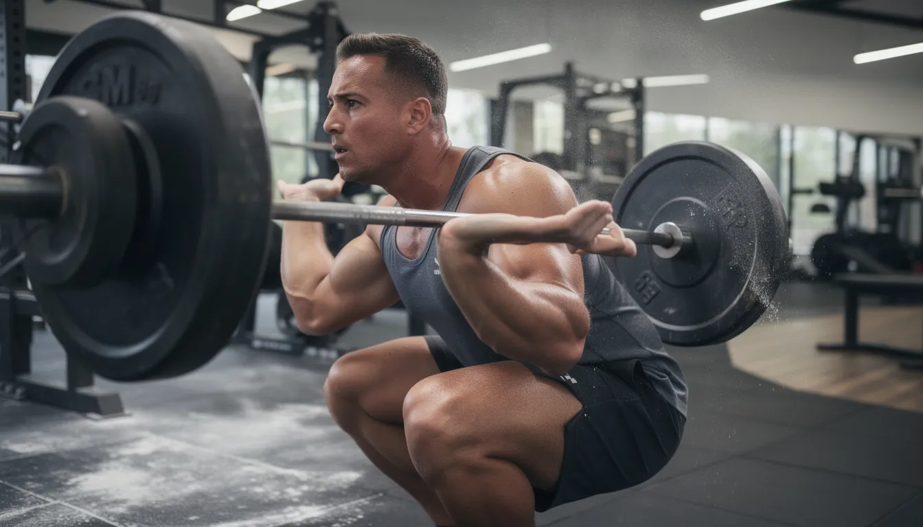 The image shows an athlete performing a barbell squat in a well-lit gym, demonstrating proper form and concentration during resistance training. This exercise is essential for muscle growth and strength, often complemented by creatine supplementation to enhance athletic performance and support muscle recovery.