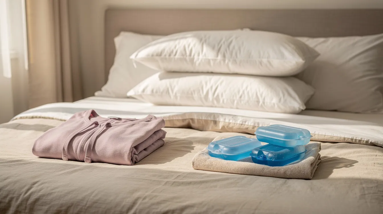 The image shows a neatly arranged set of recovery supplies on a bed, including soft clothing, pillows, and ice packs, which are essential for many patients during the healing process after breast reduction surgery. These items help manage discomfort and promote a smooth recovery in the first week following the procedure.