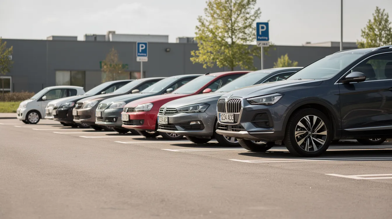 Una fila de coches de distintos tamaños está aparcada en un parking, que va desde un utilitario pequeño hasta un SUV grande, ideal para quienes buscan opciones de alquiler de coches en Casablanca. Esta variedad de vehículos ofrece flexibilidad y comodidad para satisfacer diferentes necesidades de transporte.