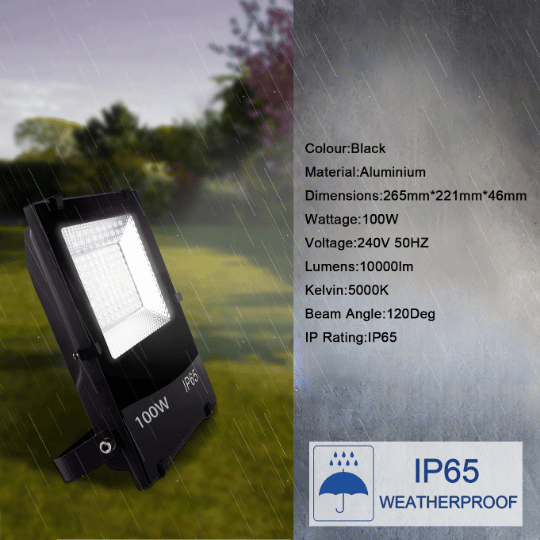 Black 100W outdoor LED floodlight with IP65 weatherproof rating, shown in rain with product specifications listed on the right side.