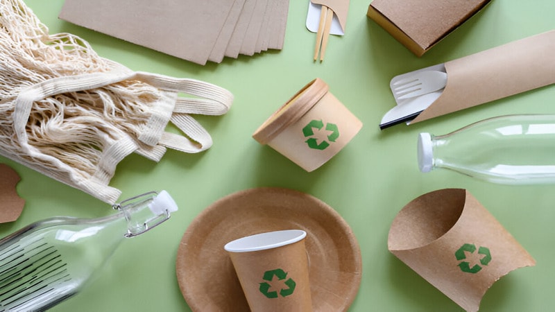  eco friendly items and paper packaging with recycle sign