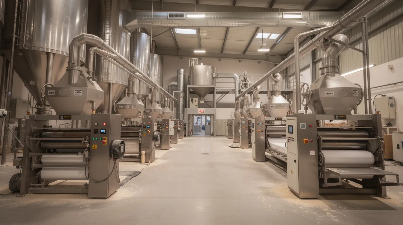 The image depicts industrial grain cleaning and milling equipment within a flour processing factory, showcasing the milling process where cleaned wheat is transformed into various types of flour, such as bread flour and cake flour, ensuring consistent flour quality for commercial bakeries. The machinery highlights the importance of quality control and the production of specialty flours for diverse baking applications.