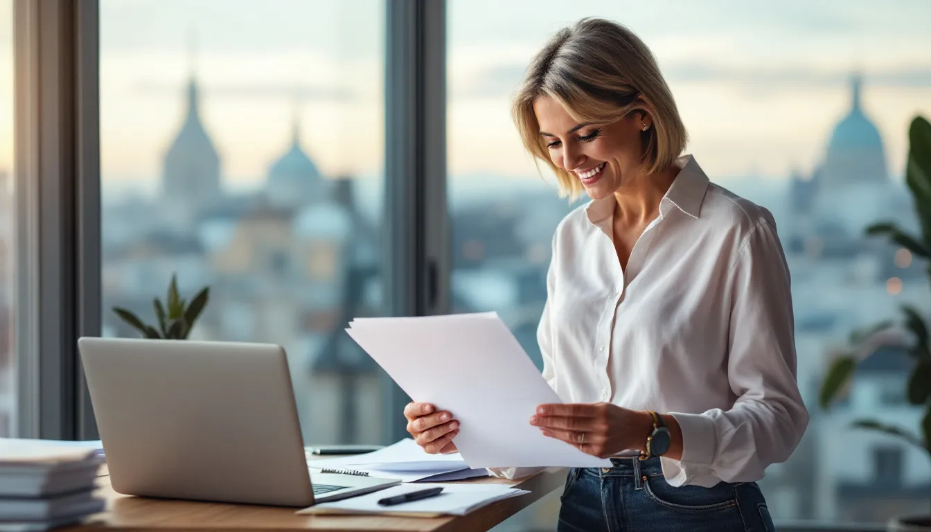 A small business owner is joyfully smiling, expressing satisfaction with their choice of business banking services, possibly including options like Wells Fargo checking accounts or small business loans. The image captures the owner's contentment with their financial decisions, highlighting the importance of selecting the right banking services for achieving their financial goals.