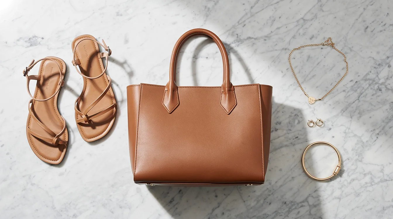 A flat lay image showcases minimalist leather sandals, a structured leather tote bag, and simple gold jewellery elegantly arranged on a marble surface, perfect for summer sale shopping. These everyday essentials are ideal for enhancing your wardrobe with style and confidence, making them great picks for any occasion.