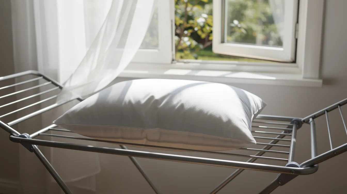 A memory foam travel pillow is laid flat on a drying rack near an open window, allowing fresh air and a gentle breeze to circulate around it. This setup helps to neutralize odors and keep the pillow hygienic while avoiding direct sunlight that could damage its foam core.