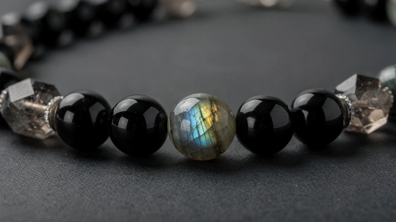 This image showcases a beautiful collection of handmade semi-precious stone jewellery, featuring striking labradorite and grounding obsidian, elegantly crafted into necklaces. The unique textures and colors of these semi-precious gemstones highlight their rarity and appeal, making them a perfect addition to any jewellery box.