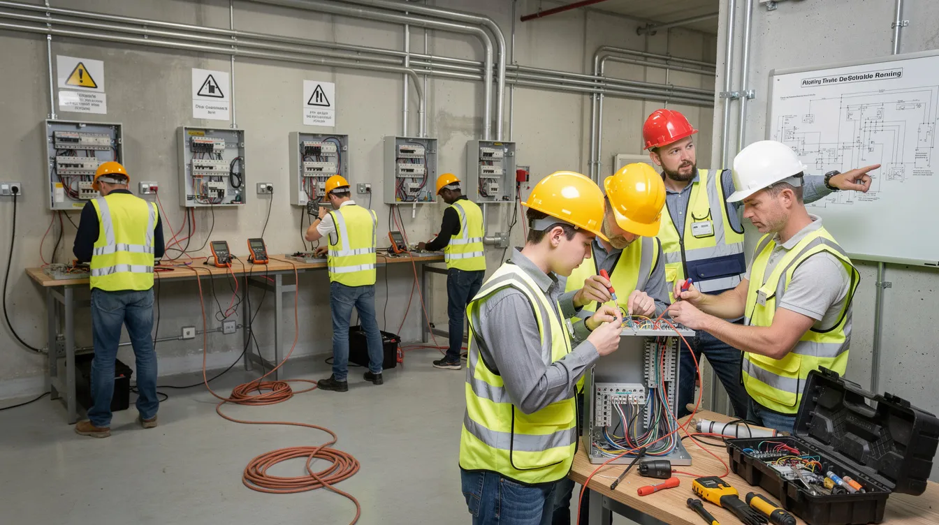 A group of construction apprentices, all wearing hard hats, is engaged in hands-on electrical work at a training facility, showcasing the skills essential for success in the Nashville construction market. Their practical training reflects the industry's commitment to innovation and development, preparing them for future opportunities in the growing construction sector of Middle Tennessee.