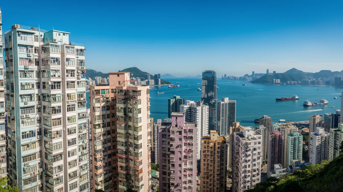The image showcases a panoramic view of Hong Kong's residential high-rise buildings, beautifully set against the backdrop of a clear harbour on a sunny day. This vibrant scene reflects the city's urban landscape, often associated with various 公務員 職位 and opportunities for 新入 職 in 2026 年.