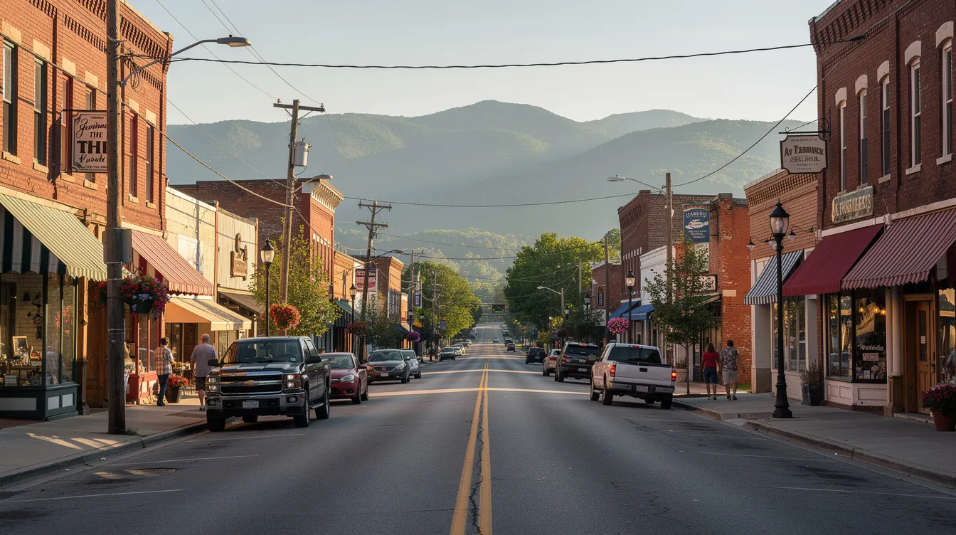The image depicts a charming small-town downtown street in Tennessee, featuring brick storefronts lining the road with distant mountain ridges visible in the background. This scene captures the essence of a tight-knit community, where local businesses thrive amidst the natural beauty of the region.