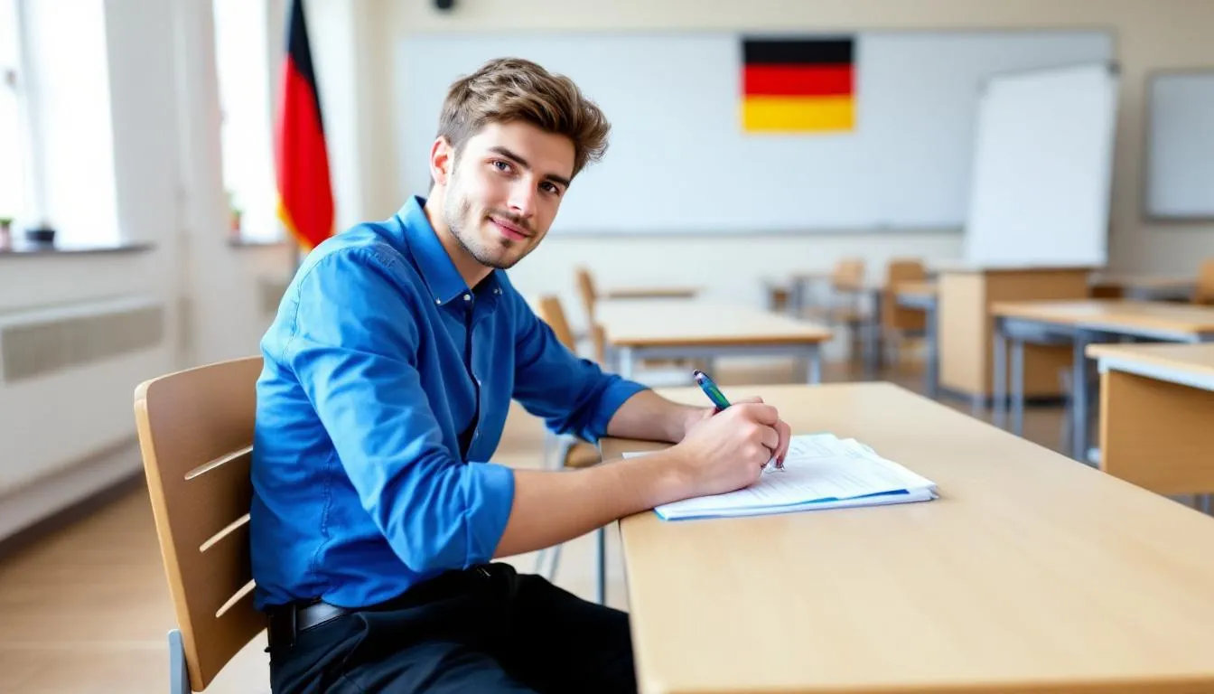 Das Bild zeigt eine Prüfungssituation für das Fach Deutsch, in der Schüler an einem Tisch sitzen und ihre Texte schreiben. Auf den Blättern sind verschiedene grammatikalische Übungen zu sehen, die typische Fehler und Unsicherheiten in der deutschen Sprache thematisieren, wie zum Beispiel Artikel, Dativ und Genitiv.
