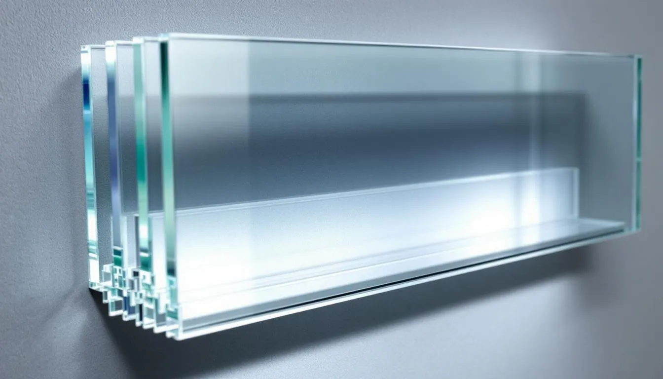 Een close-up van driedubbel glas met een geavanceerde energie-efficiënte coating technologie, die uitstekende thermische isolatie biedt. Dit hoogwaardige glas is ideaal voor zowel commerciële toepassingen als voor nieuwe kozijnen, zoals aluminium en kunststof kozijnen.