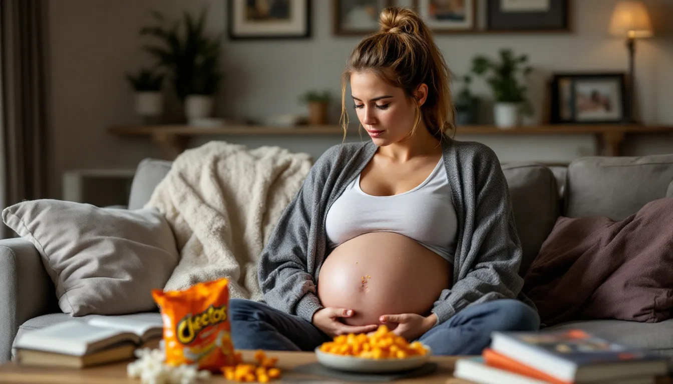 A pregnant woman looking at a bag of Cheetos, contemplating if it's safe to eat during pregnancy.