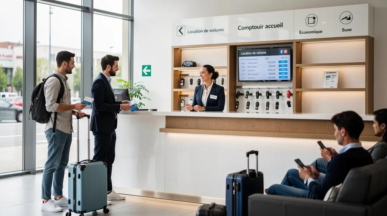 L'image montre le comptoir d'une agence de location de voitures, où un employé assiste des clients qui attendent pour finaliser leur réservation. On peut y voir des brochures sur les différents types de véhicules disponibles et un écran affichant des informations sur la flotte et les services de location.