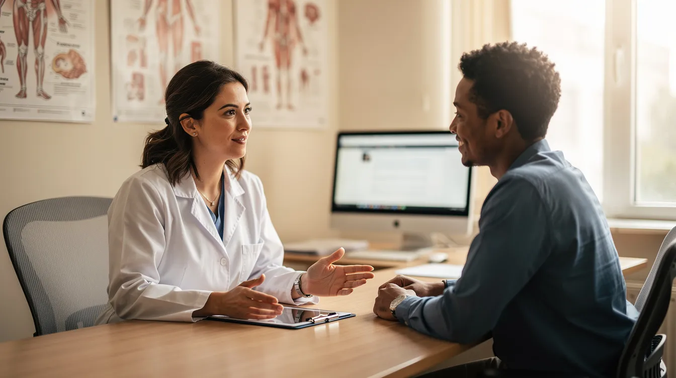 A healthcare professional in a white coat is seen consulting with a patient in an office setting, discussing options for weight management and potential weight loss medications. The conversation may involve topics such as insurance coverage, medical history, and personalized dosing for effective chronic weight management.