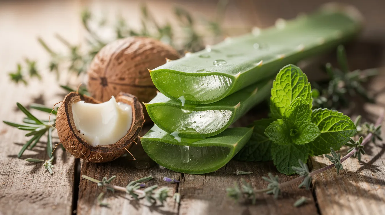 A close-up view showcases a variety of natural botanical ingredients including aloe vera leaves, shea nuts, peppermint, and assorted herbs, all beautifully arranged on a rustic wooden surface. These elements are often associated with enhancing sexual desire and pleasure, highlighting their potential benefits for intimacy and relaxation.