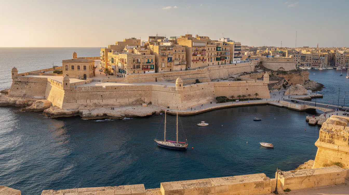 Ein Panoramablick auf den Grand Harbour von Valletta zeigt die beeindruckenden historischen Festungsmauern, die sich majestätisch über das blaue Wasser des Mittelmeers erheben. Diese Szene verkörpert die reiche Geschichte und Kultur Maltas, ein beliebtes Reiseziel für Urlauber, die die Schönheit der Insel erkunden möchten.